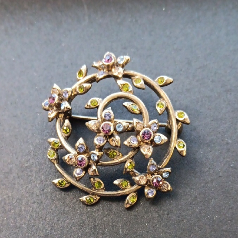 Vintage Monet Gold Brooch with Purple and Green Floral Accents